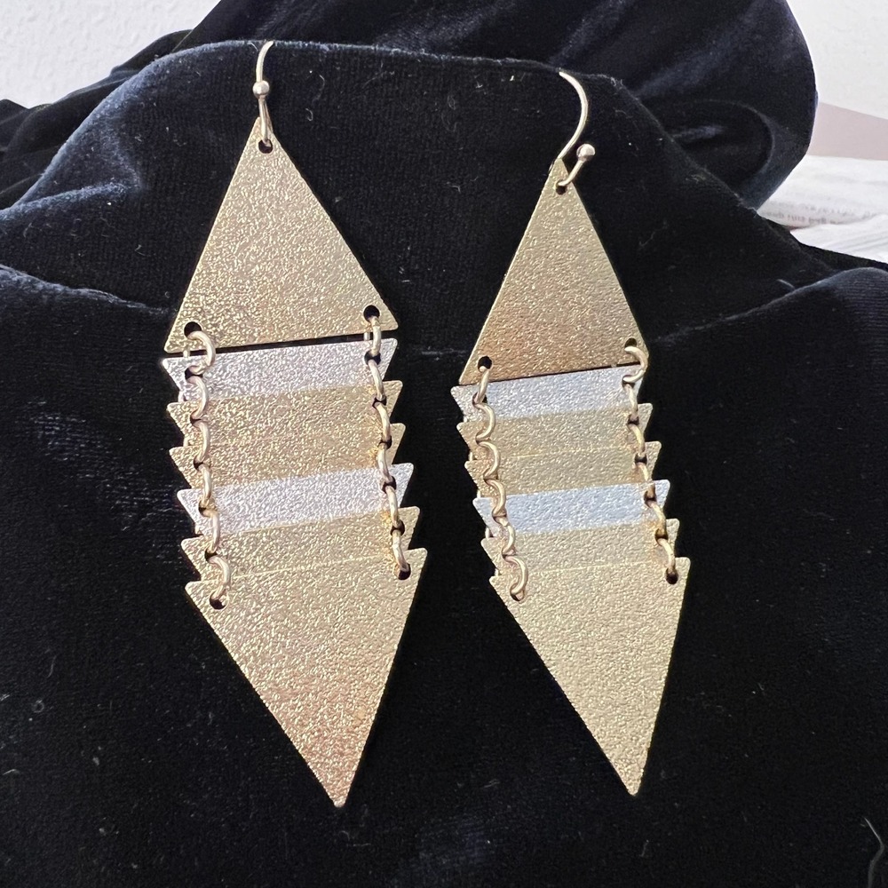 Gold and Silver Tiered Triangle Geometric Drop Earrings Mixed Metal Statement